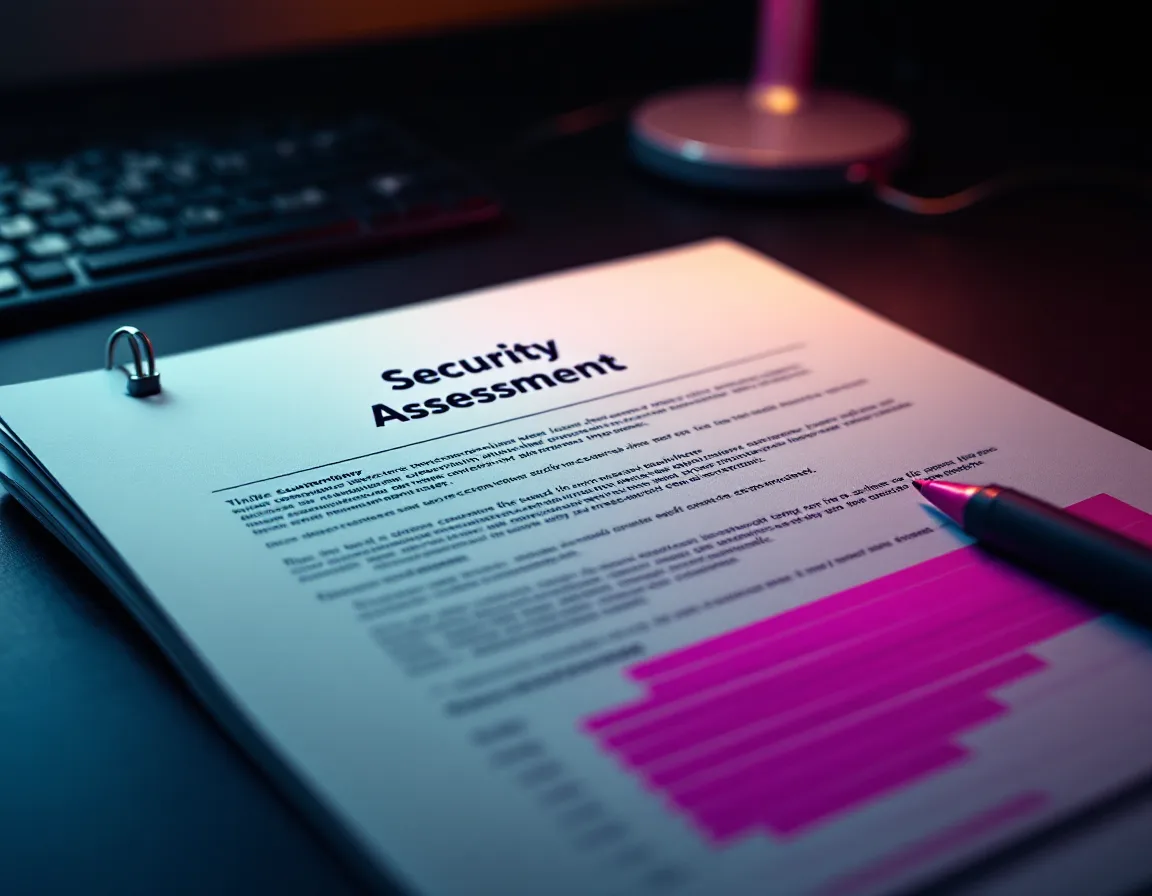 A printed security report open on a desk beside a keyboard, lit by a warm lamp